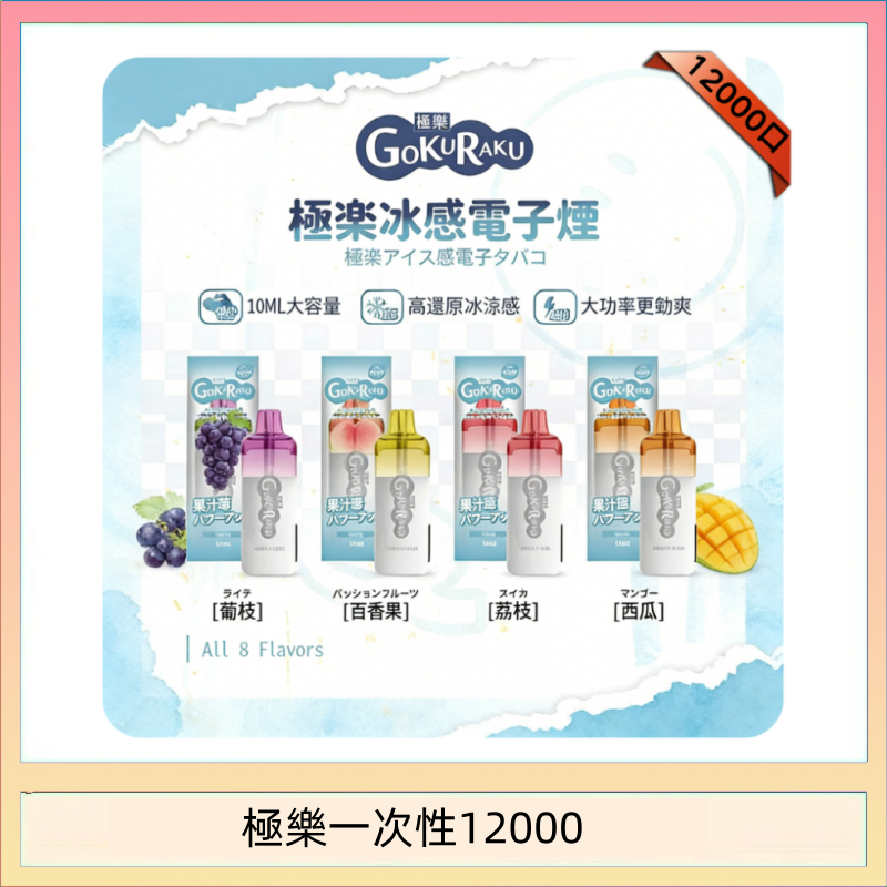 【8種口味】極楽 12000口一次性電子煙|超大容量 |口感絲滑|新品